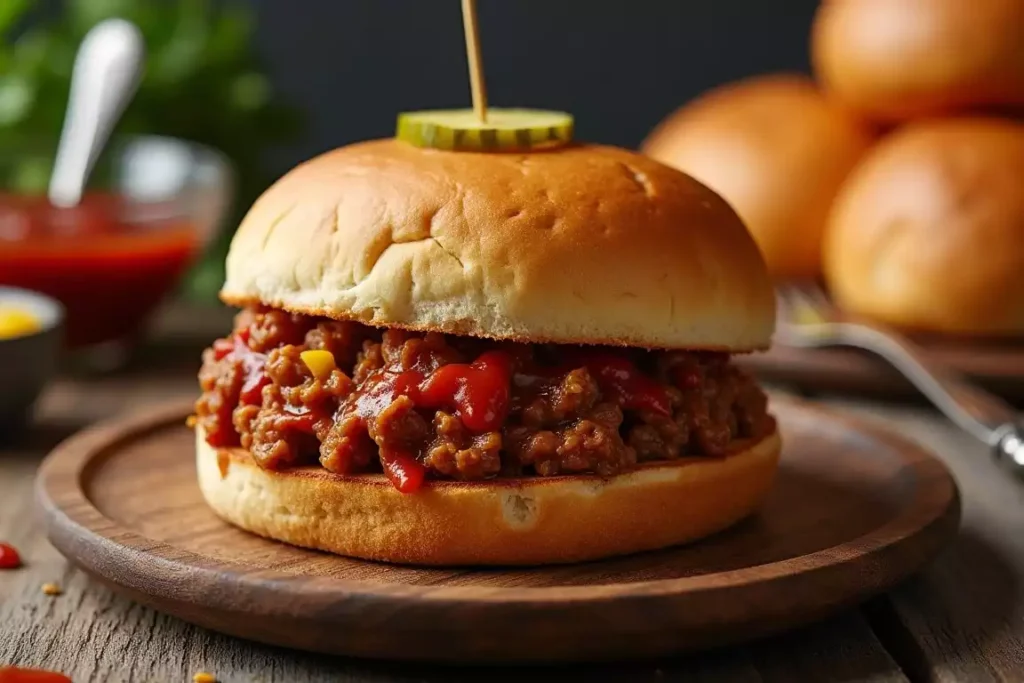 Sloppy joes made with ketchup and mustard, served on a bun with a side of fries