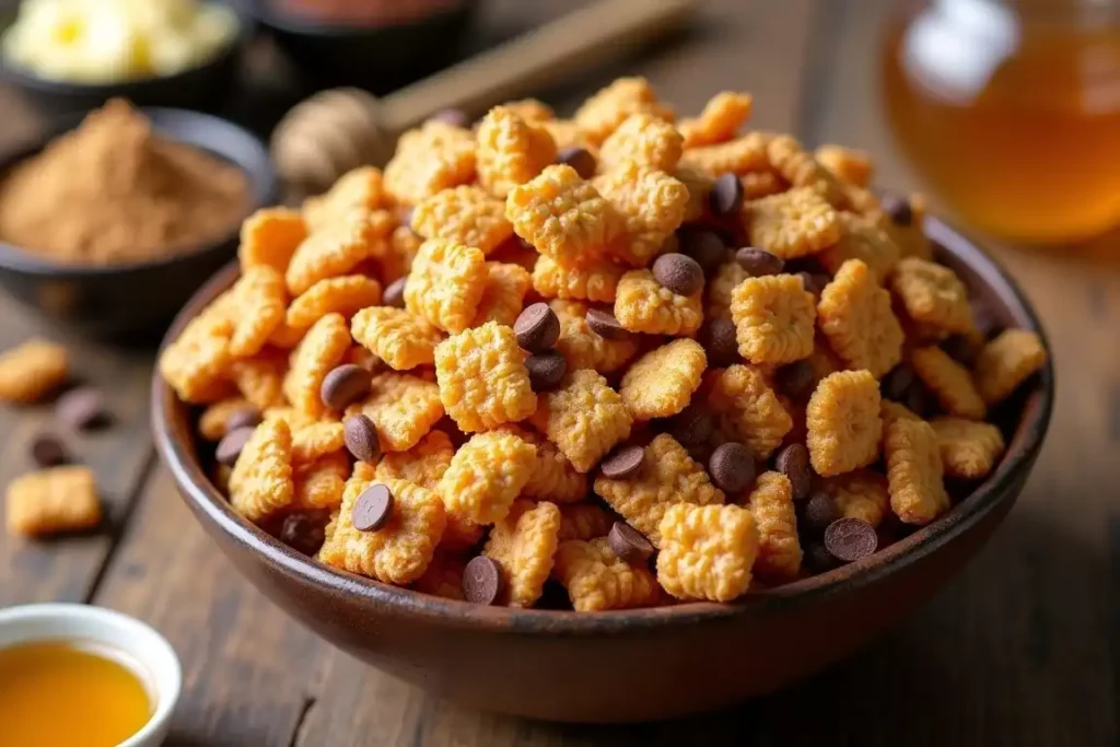 Sweet Chex mix with caramel-coated cereal and pretzels, cooling on a baking sheet