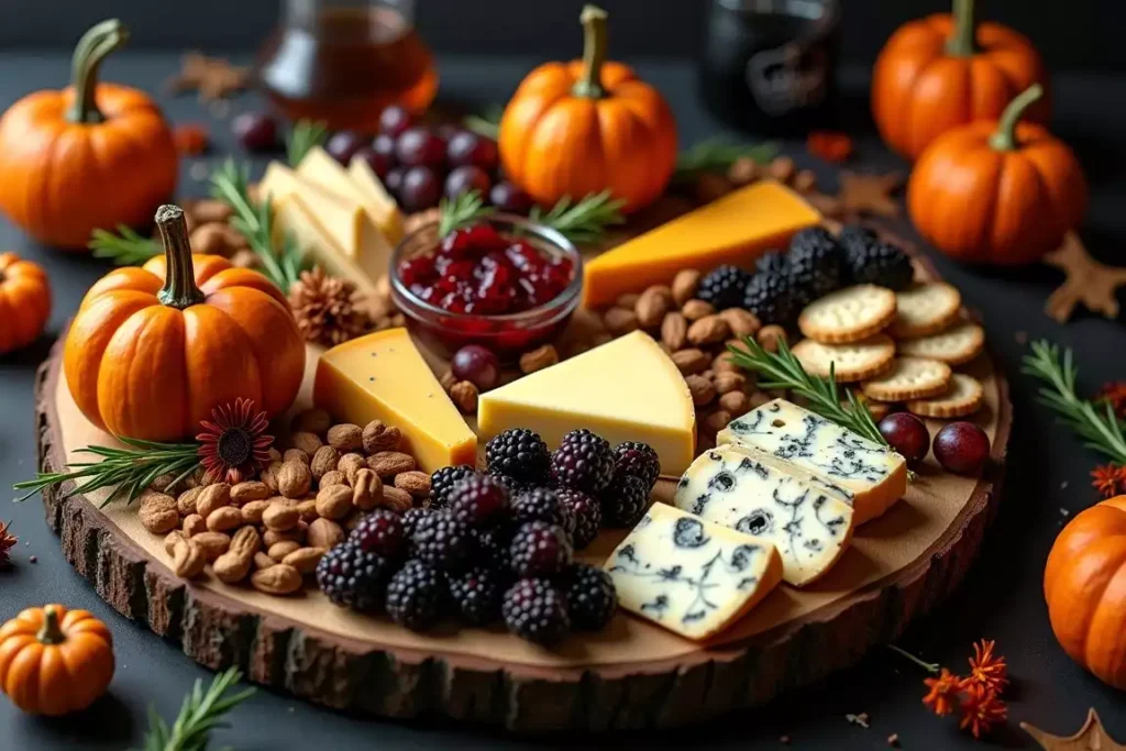 Halloween cheese board featuring aged cheddar, creamy brie, dried cranberries, spiced nuts, and festive decorations