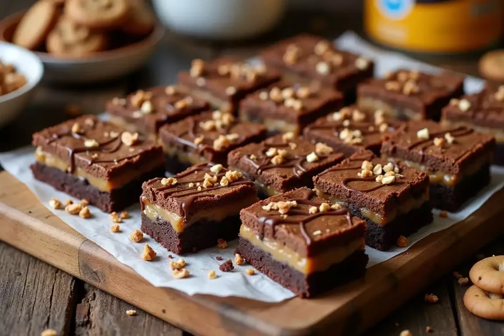 A slice of slutty brownie recipe showcasing layers of brownie, cookie, and caramel