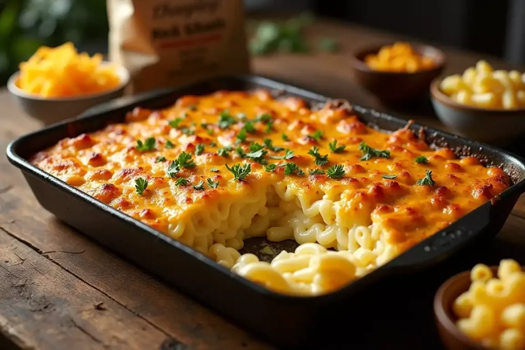 Smoked mac and cheese with a golden crust, served in a cast-iron skillet