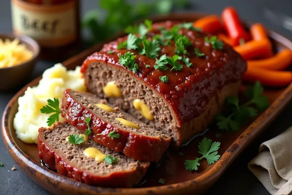 French Onion Meatloaf topped with caramelized onions and melted cheese, served on a platter