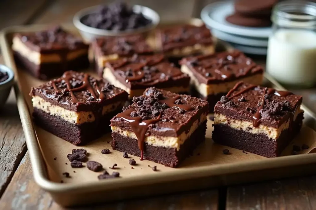 Slutty chocolate cheesecake brownies with layers of fudgy brownie and creamy cheesecake