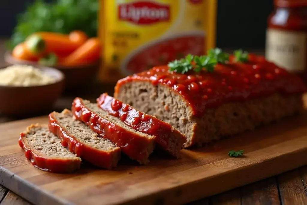 Ultimate meatloaf with onion soup mix, sliced and served with a side of mashed potatoes