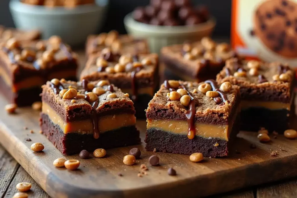 Triple-layered slutty brownies with brownie, cookie, and caramel layers