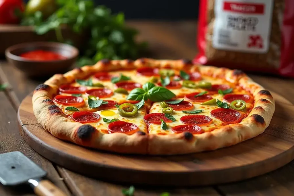 Smoked pizza with a crispy crust, melted cheese, and toppings, fresh off the Traeger grill