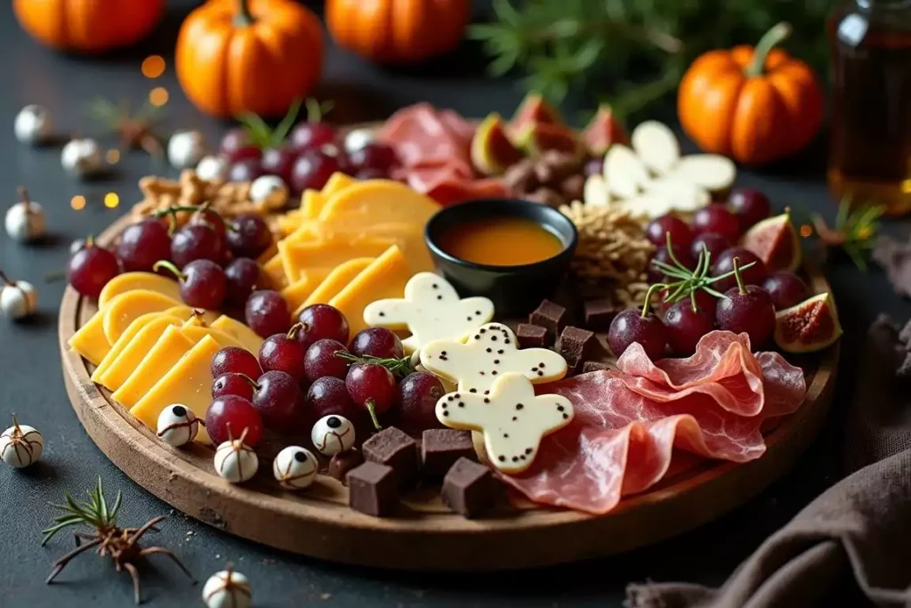 Halloween charcuterie board with spooky treats like cheese, crackers, candy, and themed decorations