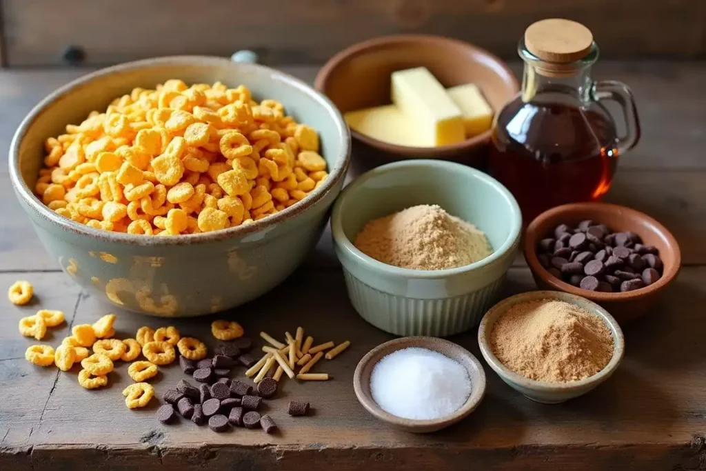 Ingredients for sweet Chex mix, including Chex cereal, pretzels, butter, brown sugar, and powdered sugar, arranged on a countertop