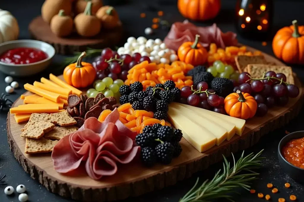 Spooky Halloween charcuterie board with jack-o'-lantern-shaped cheeses, fruit arranged like creepy eyes, and dark berries