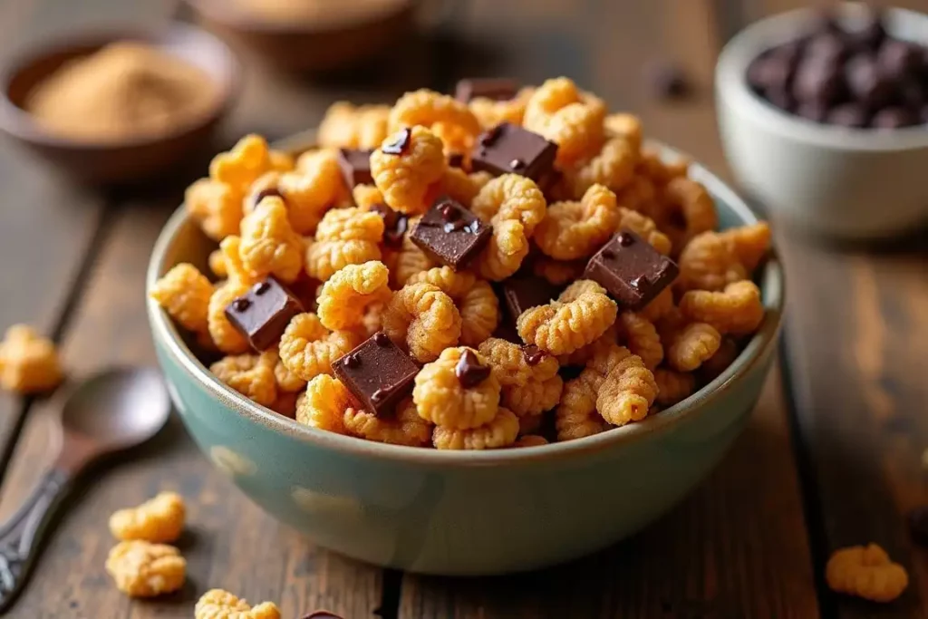 Sweet and salty Chex mix with pretzels, peanuts, and a drizzle of chocolate, served in a bowl