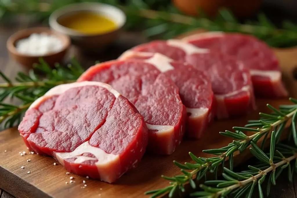 Fresh venison cuts on a wooden board, garnished with rosemary and garlic