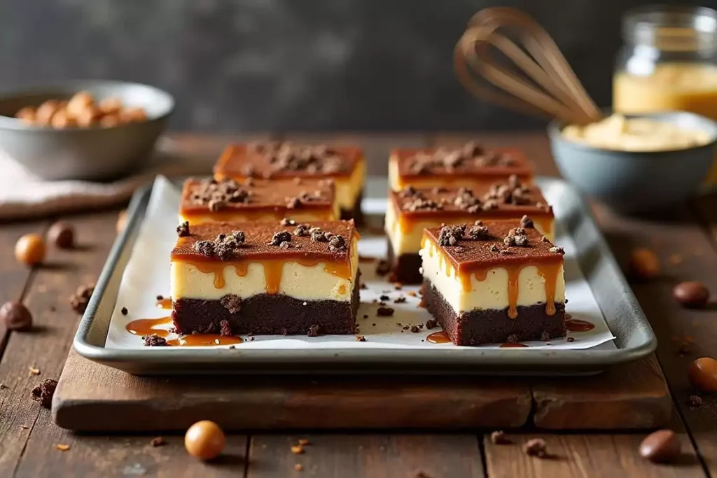 Slutty cheesecake bars with layers of brownie, caramel, and creamy cheesecake