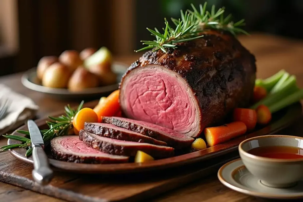 Assorted venison meals, including roast, stew, and grilled steak, beautifully plated