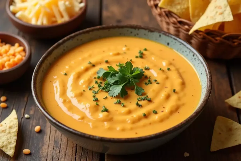 Homemade Chipotle queso recipe served in a bowl with tortilla chips on the side