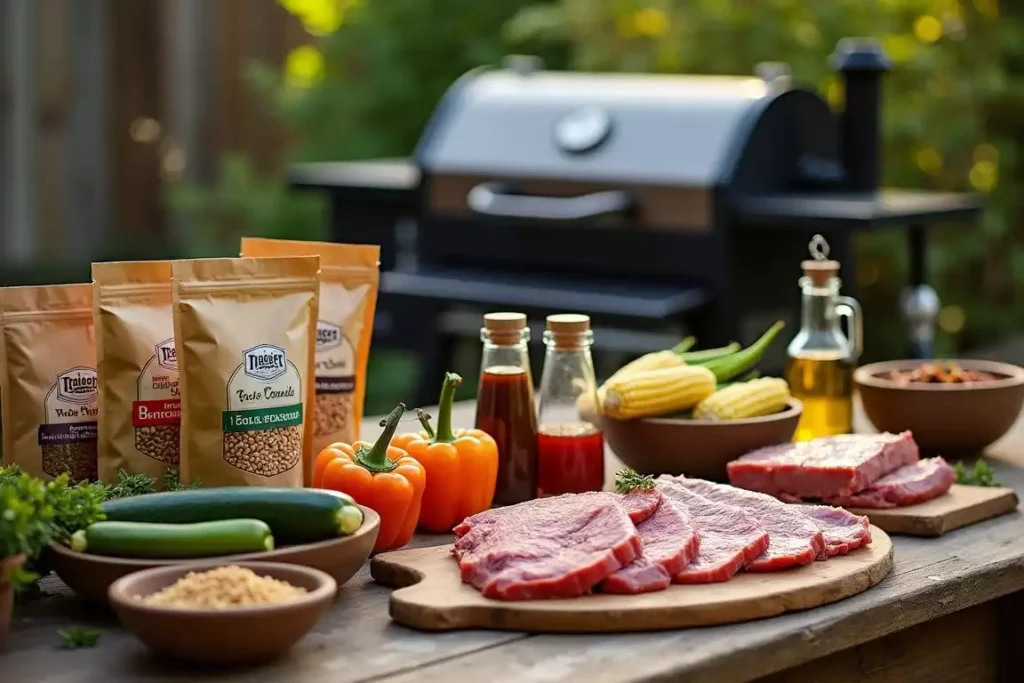 Essential ingredients for Traeger recipes, including meats, vegetables, and seasonings, arranged on a countertop