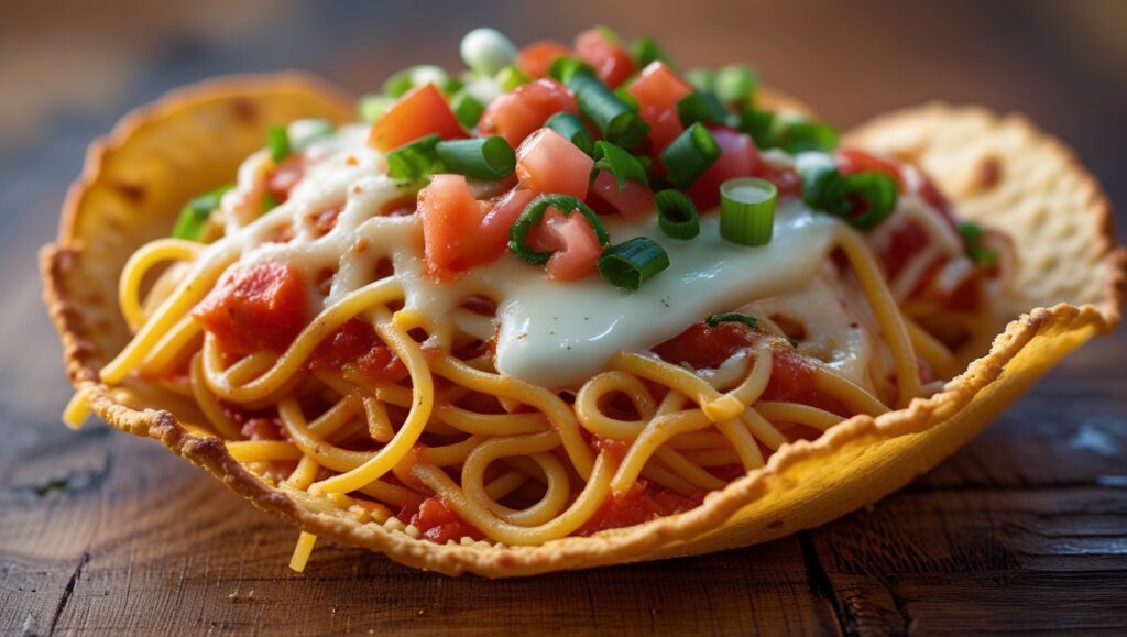 Taco Spaghetti: A Flavorful Fusion of Two Classics 5 A crispy taco shell filled with spaghetti and topped with cheese and salsa