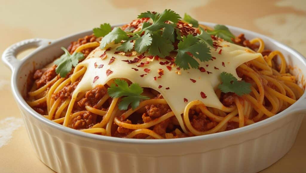 Taco Spaghetti: A Flavorful Fusion of Two Classics 2 A delicious casserole dish of taco spaghetti with melted cheddar cheese and fresh cilantro on top