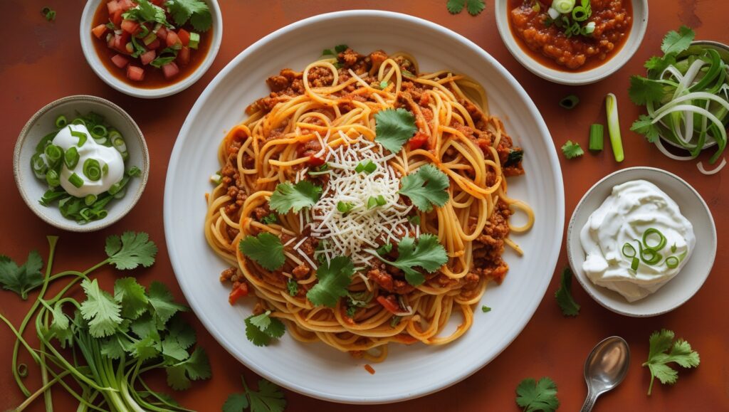Taco Spaghetti: A Flavorful Fusion of Two Classics 4 Serve the taco spaghetti on a plate with optional toppings like sour cream salsa and sliced green onions