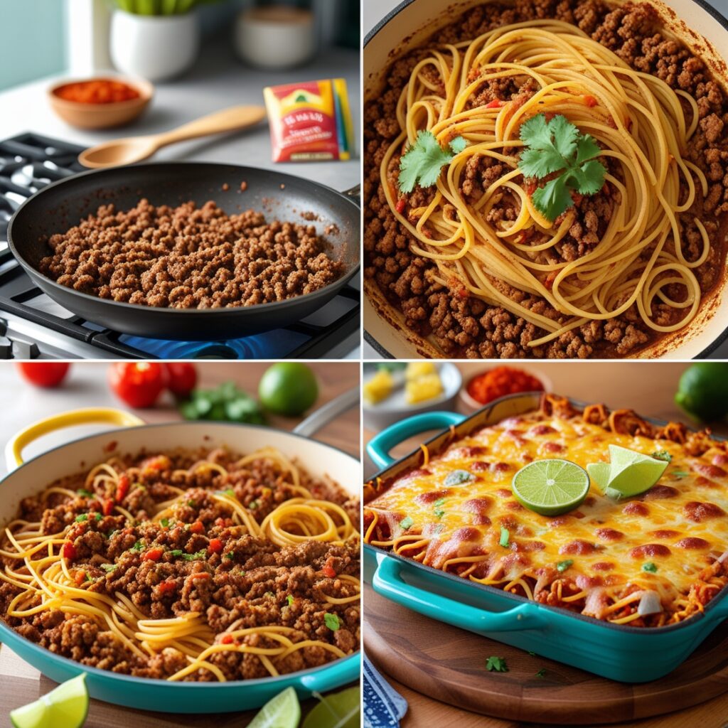 Taco Spaghetti: A Flavorful Fusion of Two Classics 3 Step by step images of cooking taco spaghetti ground beef with taco seasoning mixing in spaghetti noodles and baking with melted cheese